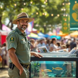 A park ranger stands beside a nature exhibit at an outdoor fair, with families and children observing an aquarium of native fish and browsing brochures, colorful tents and a blurred ferris wheel in the background.