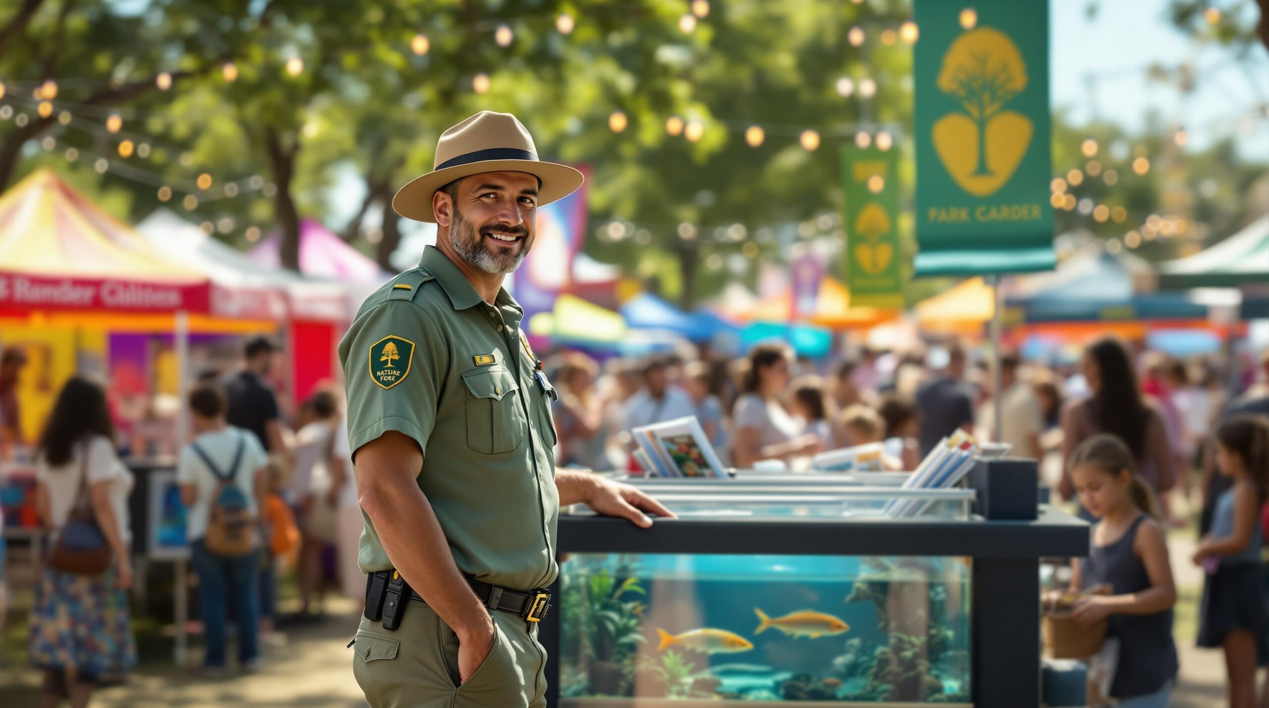 A park ranger stands beside a nature exhibit at an outdoor fair, with families and children observing an aquarium of native fish and browsing brochures, colorful tents and a blurred ferris wheel in the background.