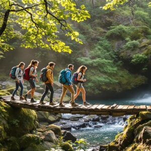 Four adults in casual hiking clothes cross a wooden bridge on a green forest trail near a small waterfall with morning sunlight filtering through the trees.