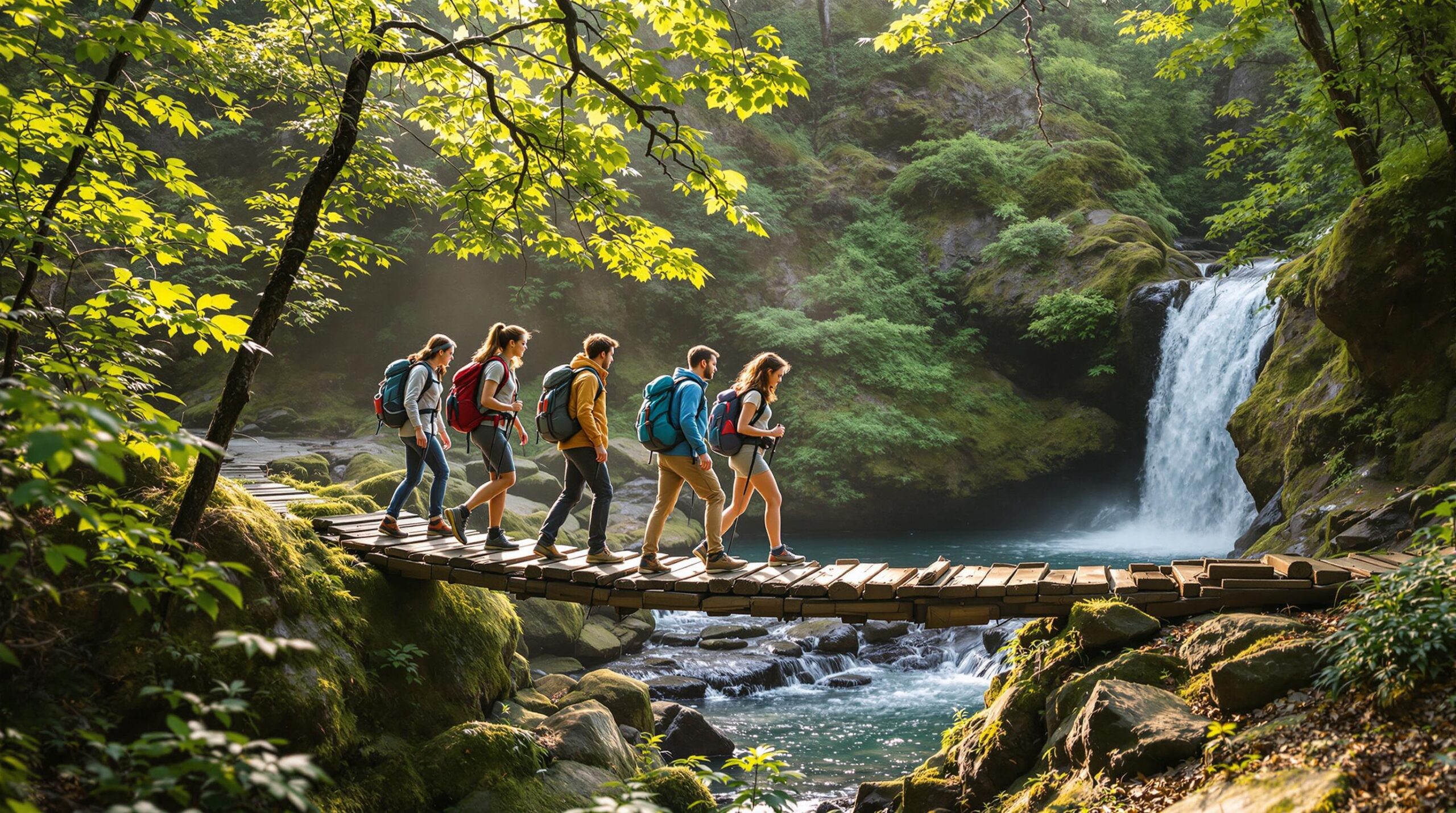 Four adults in casual hiking clothes cross a wooden bridge on a green forest trail near a small waterfall with morning sunlight filtering through the trees.