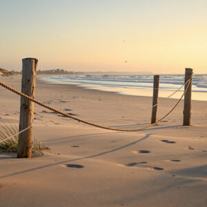 Early morning beach with dune grass, rope barrier, waves, and distant shorebirds under golden sunrise light