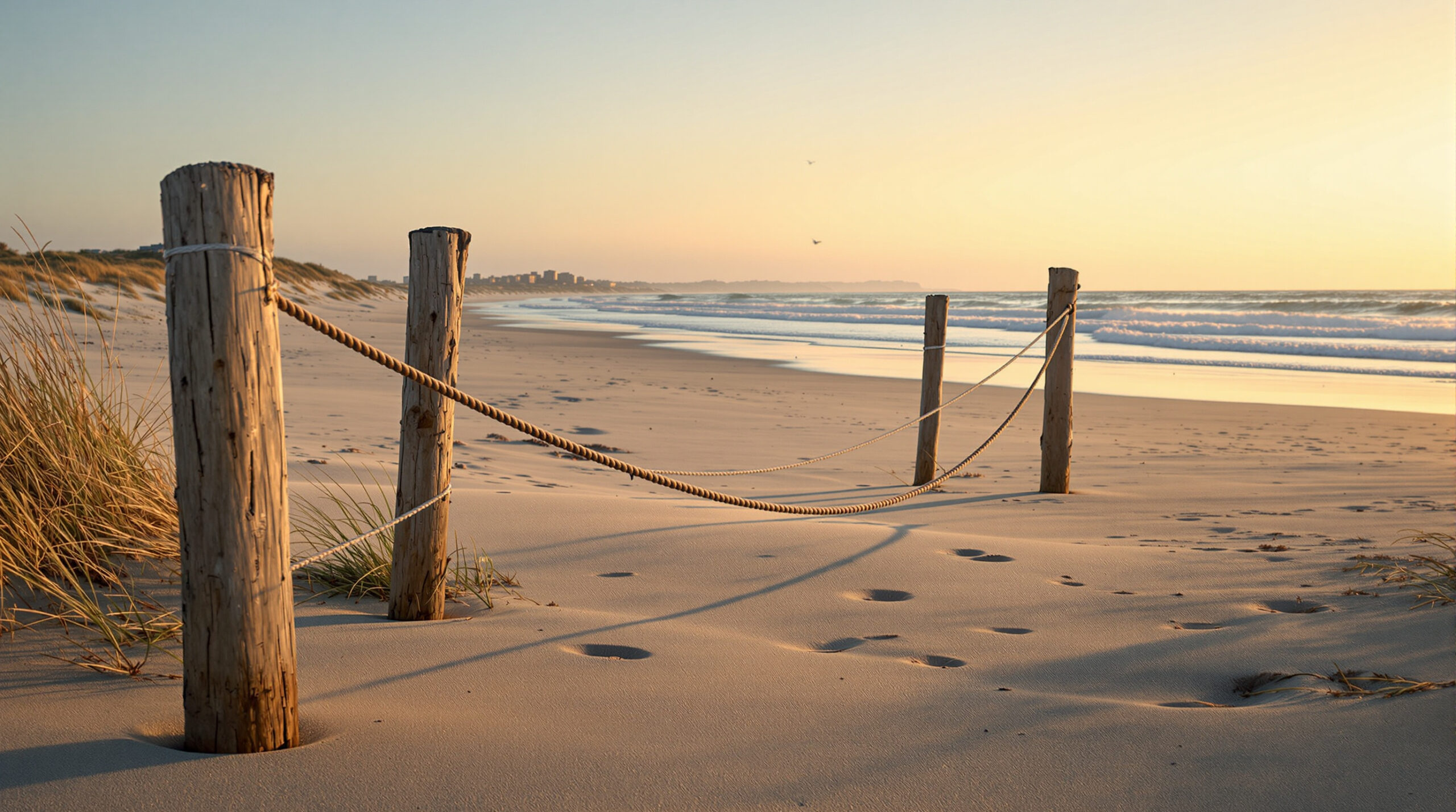 Early morning beach with dune grass, rope barrier, waves, and distant shorebirds under golden sunrise light