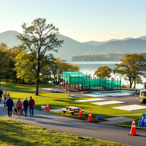 Visitors walk along a lakeside path in a park under gentle renovation, with safety cones, a small excavator, new picnic pads, and a partially built playground surrounded by green trees and distant mountains.
