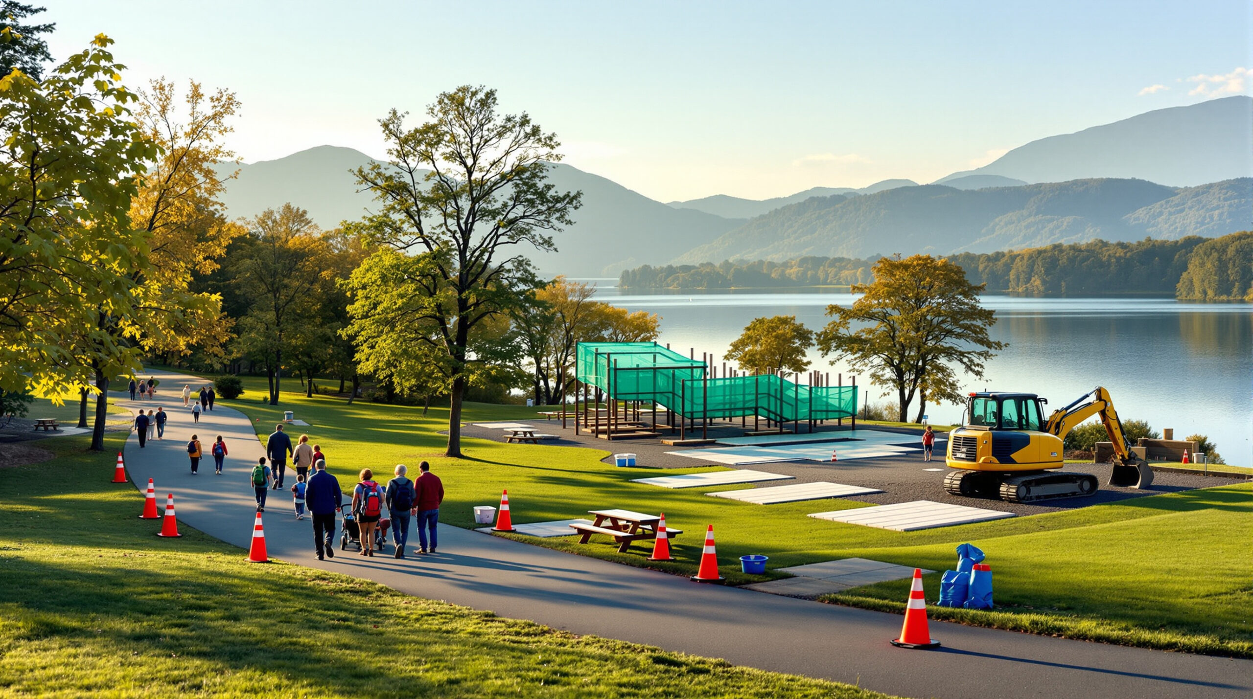 Visitors walk along a lakeside path in a park under gentle renovation, with safety cones, a small excavator, new picnic pads, and a partially built playground surrounded by green trees and distant mountains.