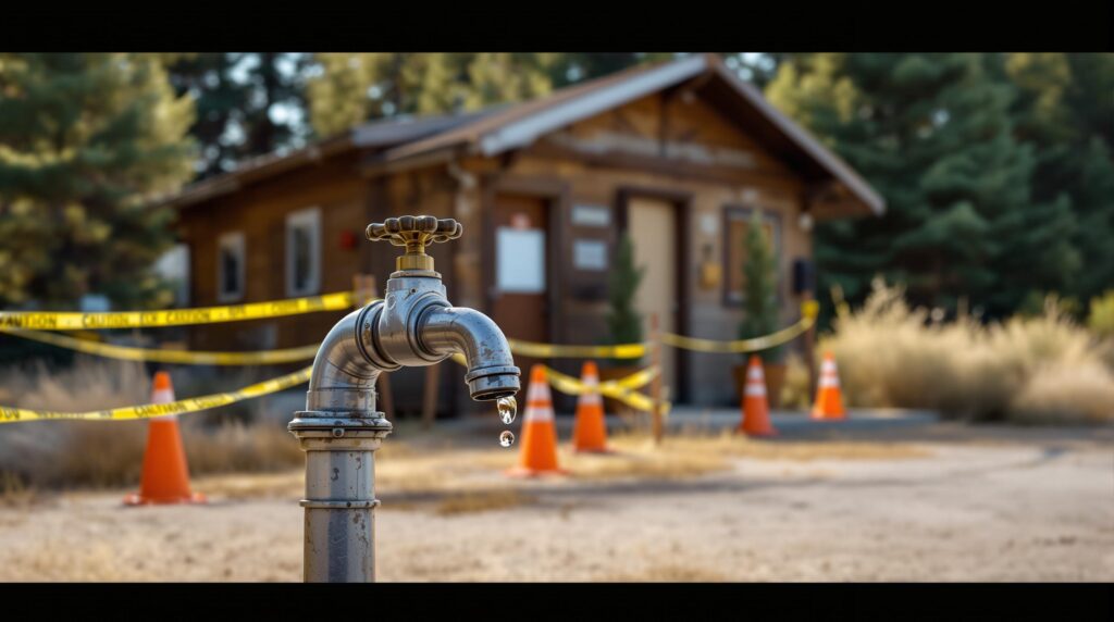 A closed campground restroom and shower building with yellow caution tape and orange cones, a dry water spigot in the foreground, and brown grass indicating drought conditions.