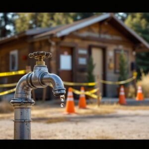 A closed campground restroom and shower building with yellow caution tape and orange cones, a dry water spigot in the foreground, and brown grass indicating drought conditions.