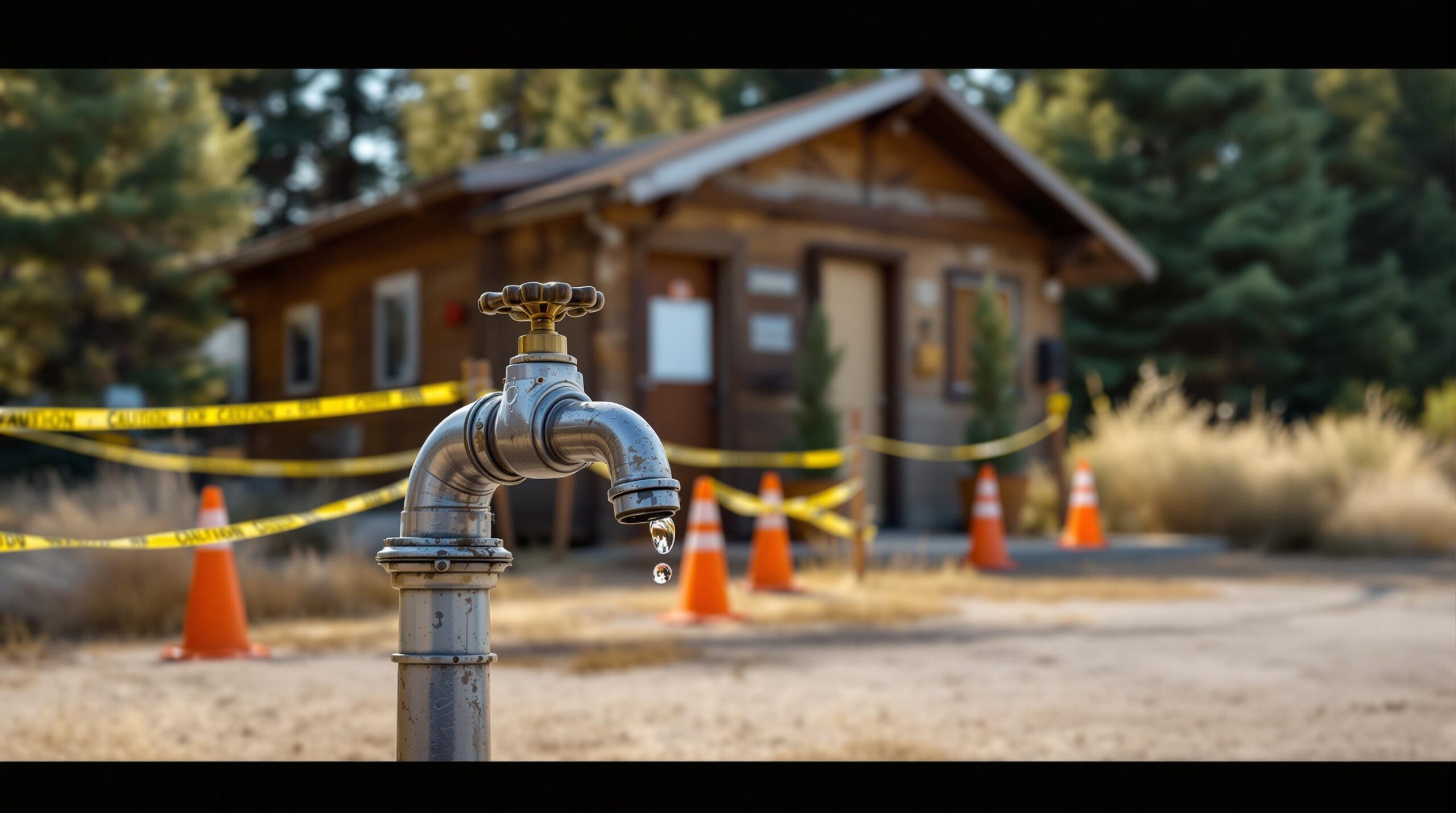 A closed campground restroom and shower building with yellow caution tape and orange cones, a dry water spigot in the foreground, and brown grass indicating drought conditions.
