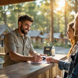 A campground manager processes a couple’s payment at a rustic wooden check-in counter, with blurred green trees and cabins in the background.