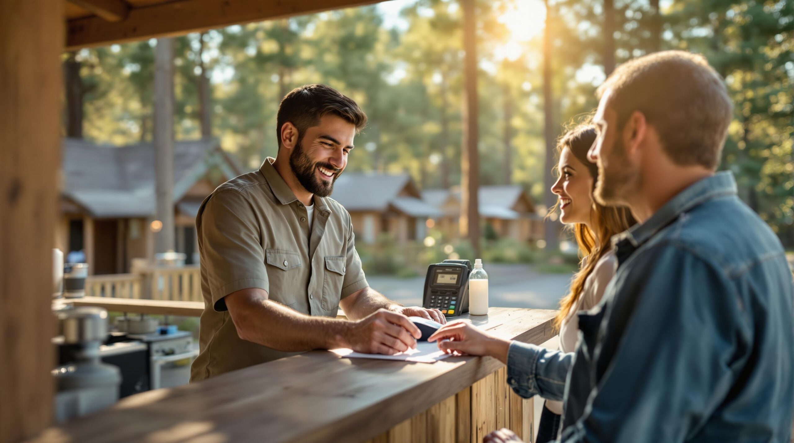 A campground manager processes a couple’s payment at a rustic wooden check-in counter, with blurred green trees and cabins in the background.