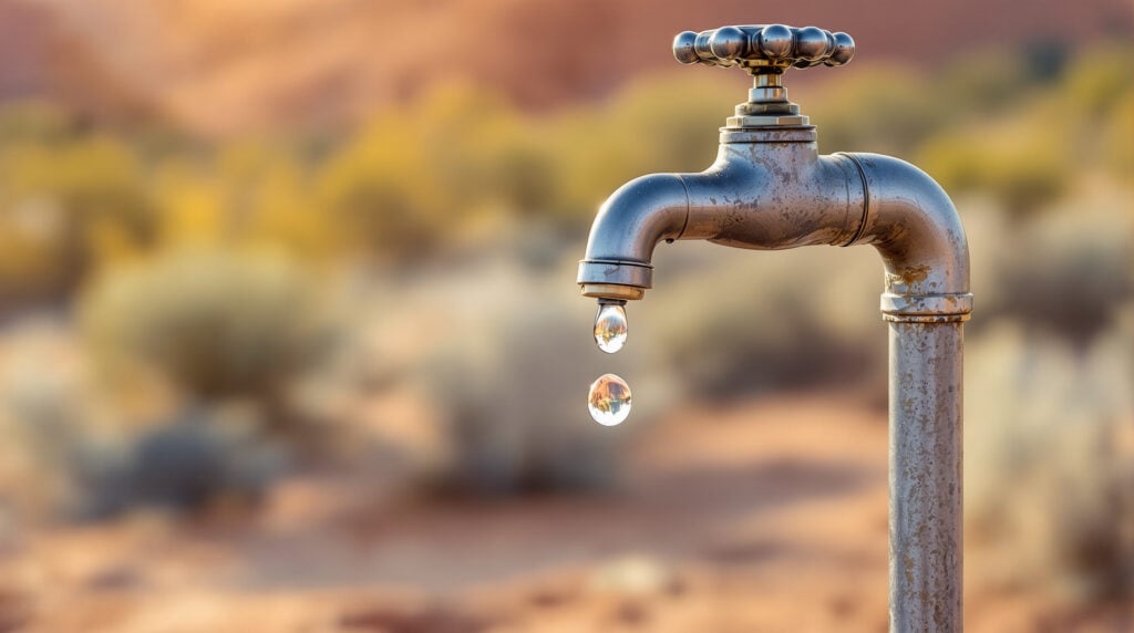 Close-up of a metal water spigot with a droplet, set against a blurred desert background with soft sunlight and earth-toned colors, symbolizing water conservation at a campground.