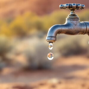 Close-up of a metal water spigot with a droplet, set against a blurred desert background with soft sunlight and earth-toned colors, symbolizing water conservation at a campground.