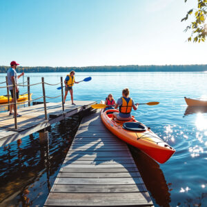 Campers launching colorful kayaks from a new wooden ramp at a lakeside campground on a sunny morning with trees in the background.