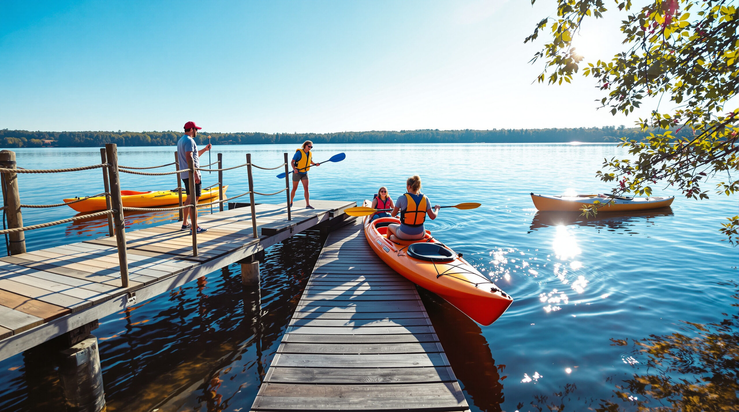 Campers launching colorful kayaks from a new wooden ramp at a lakeside campground on a sunny morning with trees in the background.