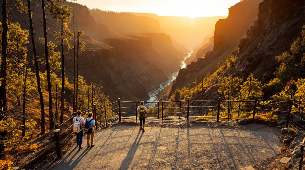 Two hikers stand at a metal overlook above a steep canyon, surrounded by charred trees and new green growth in early morning light, symbolizing recovery after a wildfire.