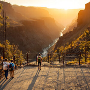 Two hikers stand at a metal overlook above a steep canyon, surrounded by charred trees and new green growth in early morning light, symbolizing recovery after a wildfire.