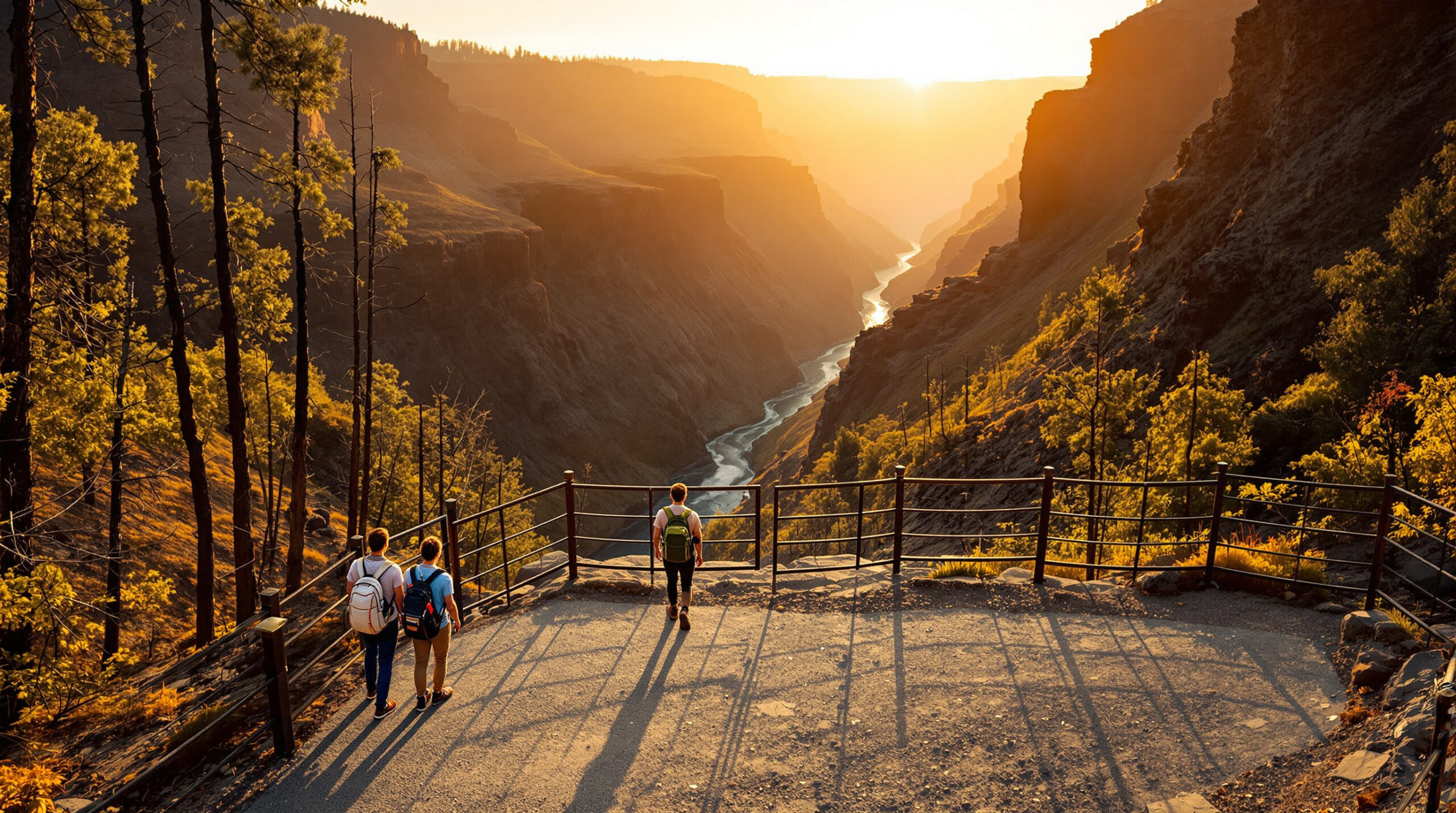 Two hikers stand at a metal overlook above a steep canyon, surrounded by charred trees and new green growth in early morning light, symbolizing recovery after a wildfire.