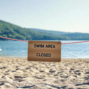 Empty lakeside swim beach with closure sign, safety cones, and calm water under a clear sky