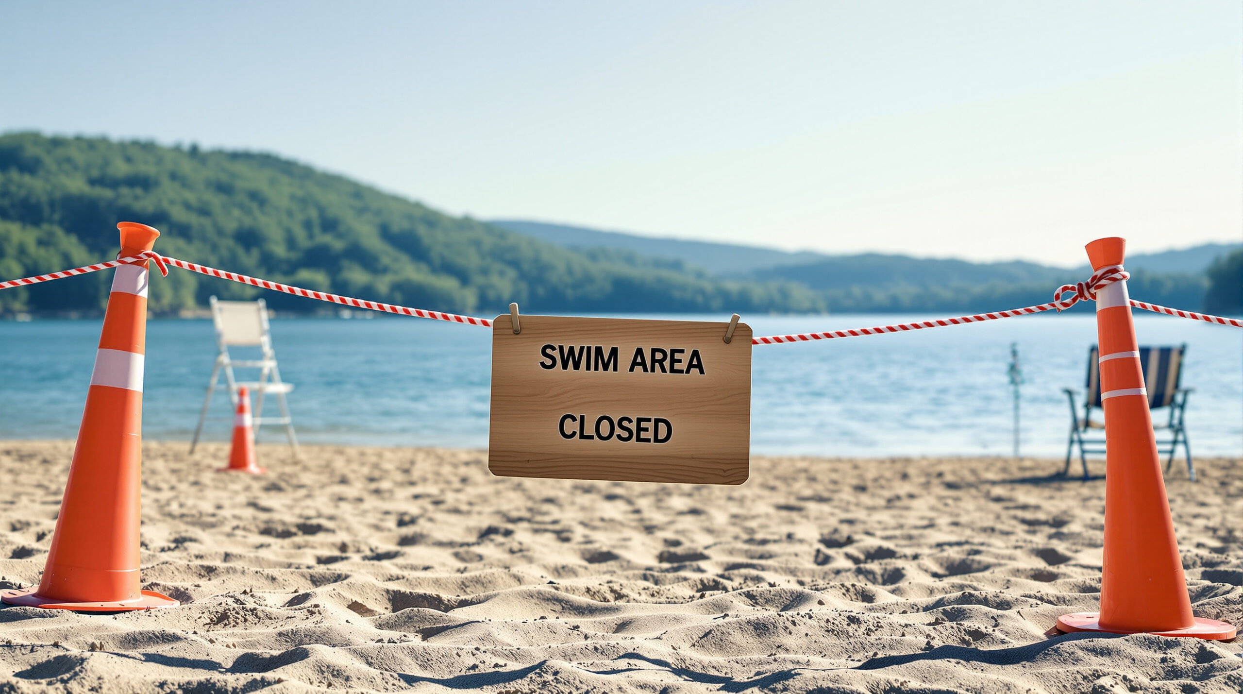 Empty lakeside swim beach with closure sign, safety cones, and calm water under a clear sky