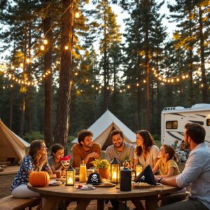 A diverse family group enjoys a picnic at a forested campground, surrounded by tents and an RV, with festive decorations like a pumpkin, masquerade mask, and pirate hat on the table during golden hour.