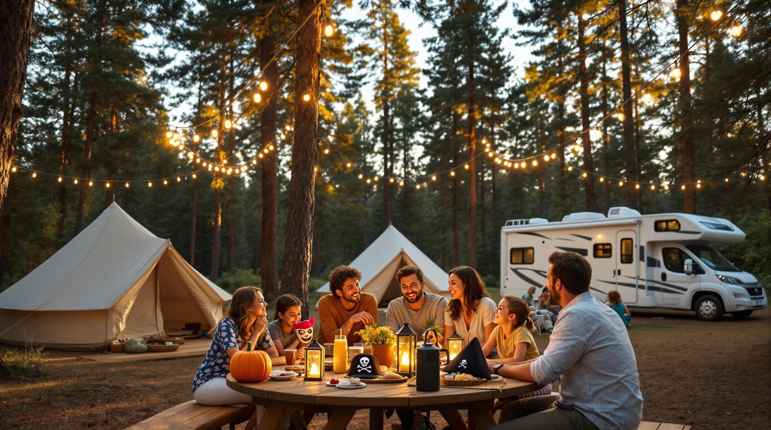 A diverse family group enjoys a picnic at a forested campground, surrounded by tents and an RV, with festive decorations like a pumpkin, masquerade mask, and pirate hat on the table during golden hour.