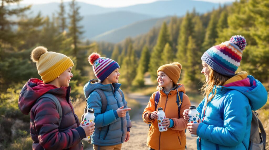 Diverse group of children in colorful jackets hiking a dirt trail, smiling and holding sticker-covered water bottles, with generic evergreen trees and blurred mountains in the background.