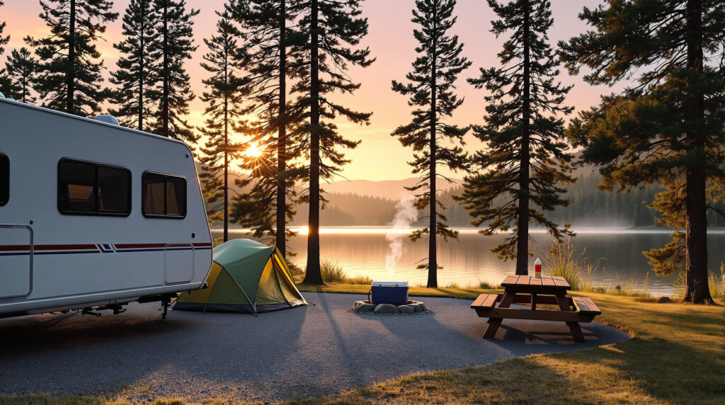 Modern RV and green tent at sunrise near a calm lake, with picnic table and fire ring in a forested campground setting.