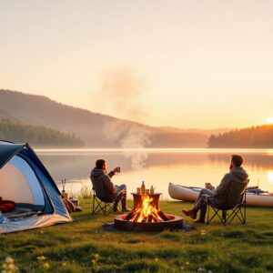 Two campers sit by a tent and campfire near a calm lakeshore at sunrise with kayaks and tree-covered hills in the background