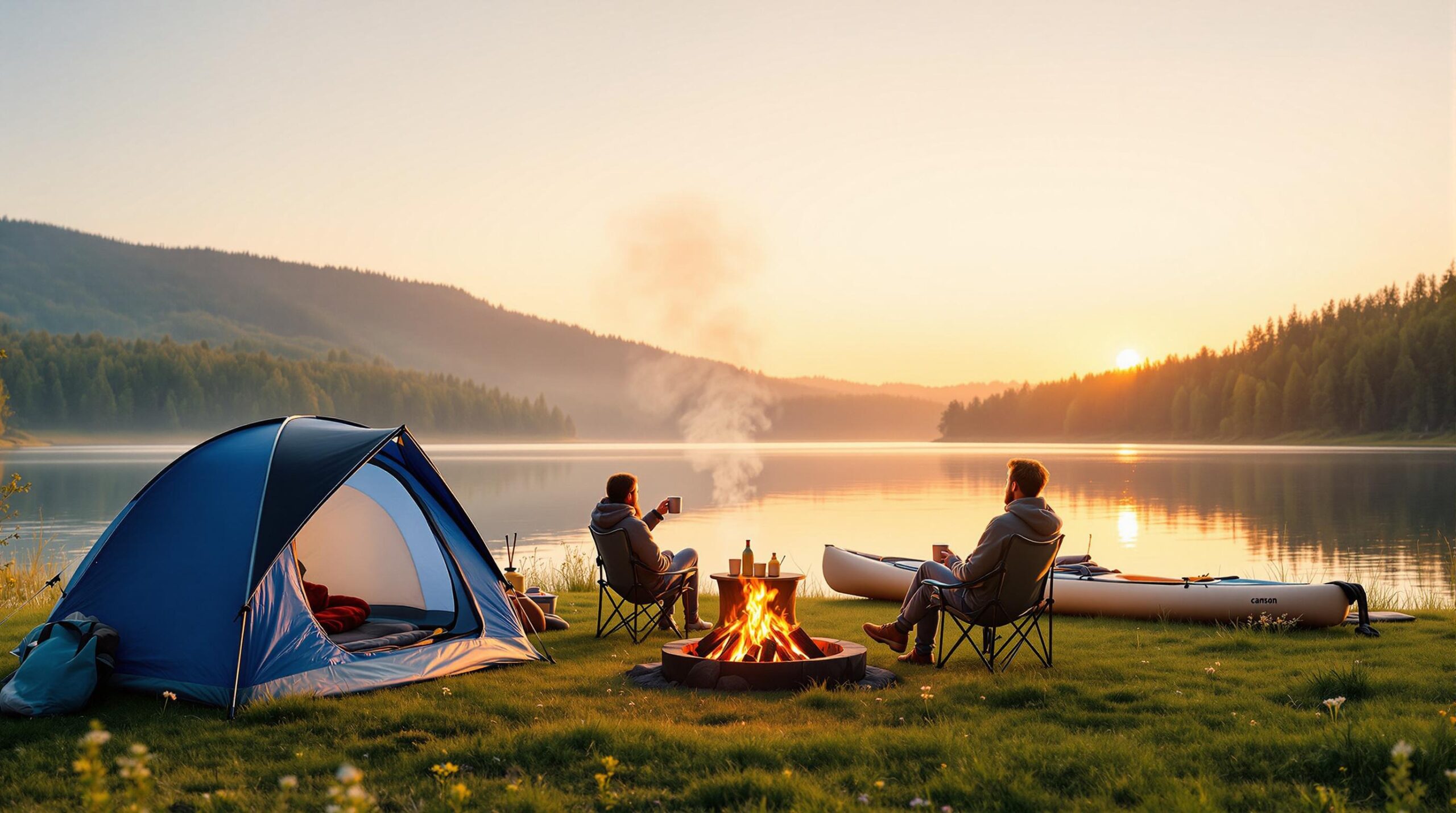 Two campers sit by a tent and campfire near a calm lakeshore at sunrise with kayaks and tree-covered hills in the background