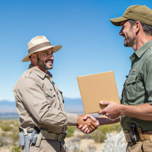 Two land management officials shake hands and exchange a folder in an open sagebrush landscape with rolling hills and mountains under a clear blue sky