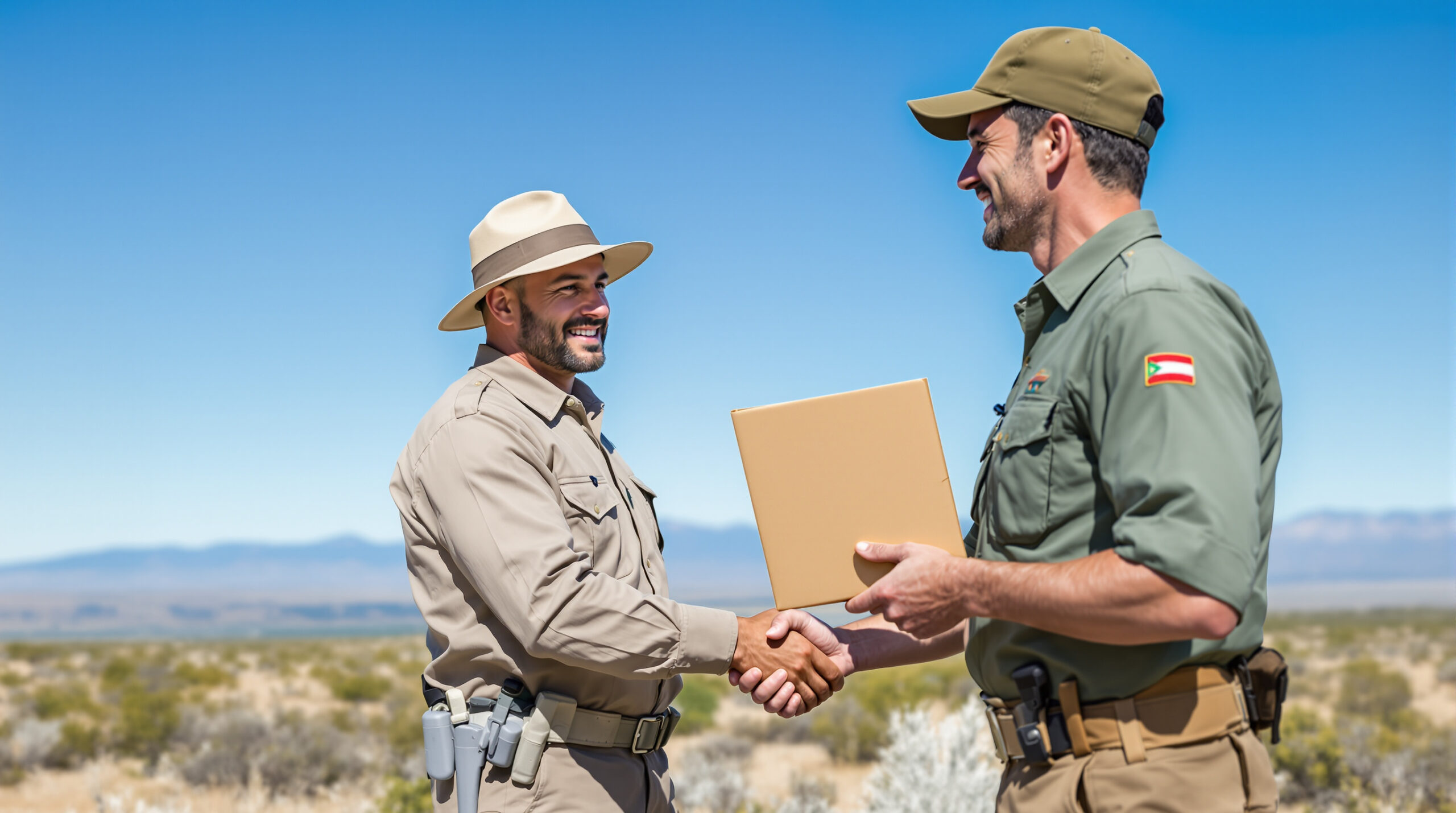 Two land management officials shake hands and exchange a folder in an open sagebrush landscape with rolling hills and mountains under a clear blue sky