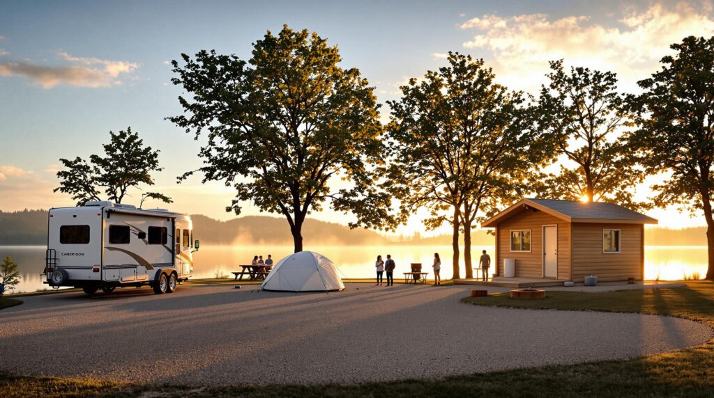 A modern lakeside campground at sunrise with a family near an RV and tent, contemporary restroom building, picnic table, and misty water in the background.