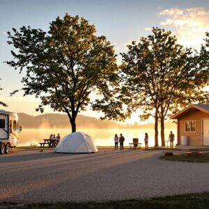 A modern lakeside campground at sunrise with a family near an RV and tent, contemporary restroom building, picnic table, and misty water in the background.