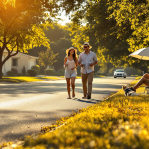 People walking dog and seeking shade on a hot suburban street with heat haze and dry grass during intense summer heatwave
