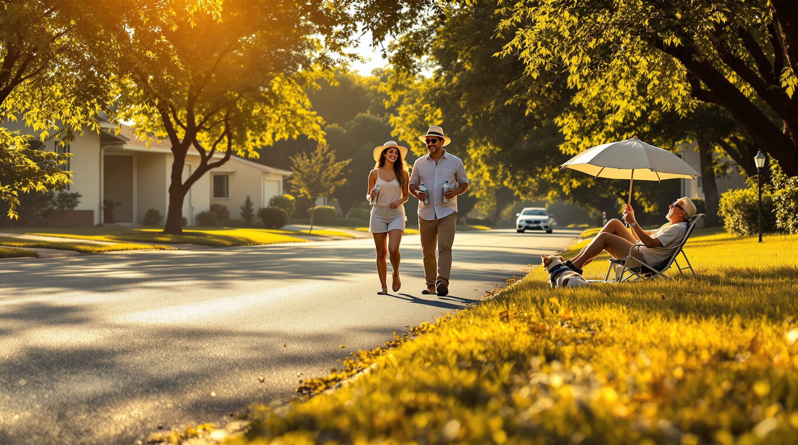 People walking dog and seeking shade on a hot suburban street with heat haze and dry grass during intense summer heatwave