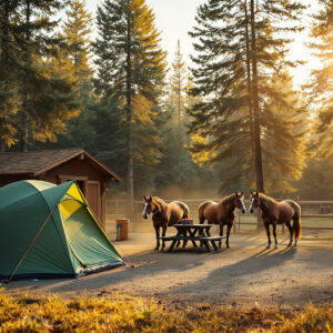 A couple sets up a tent next to a horse corral at a forest campground with two horses, picnic table, and trees in soft evening light.