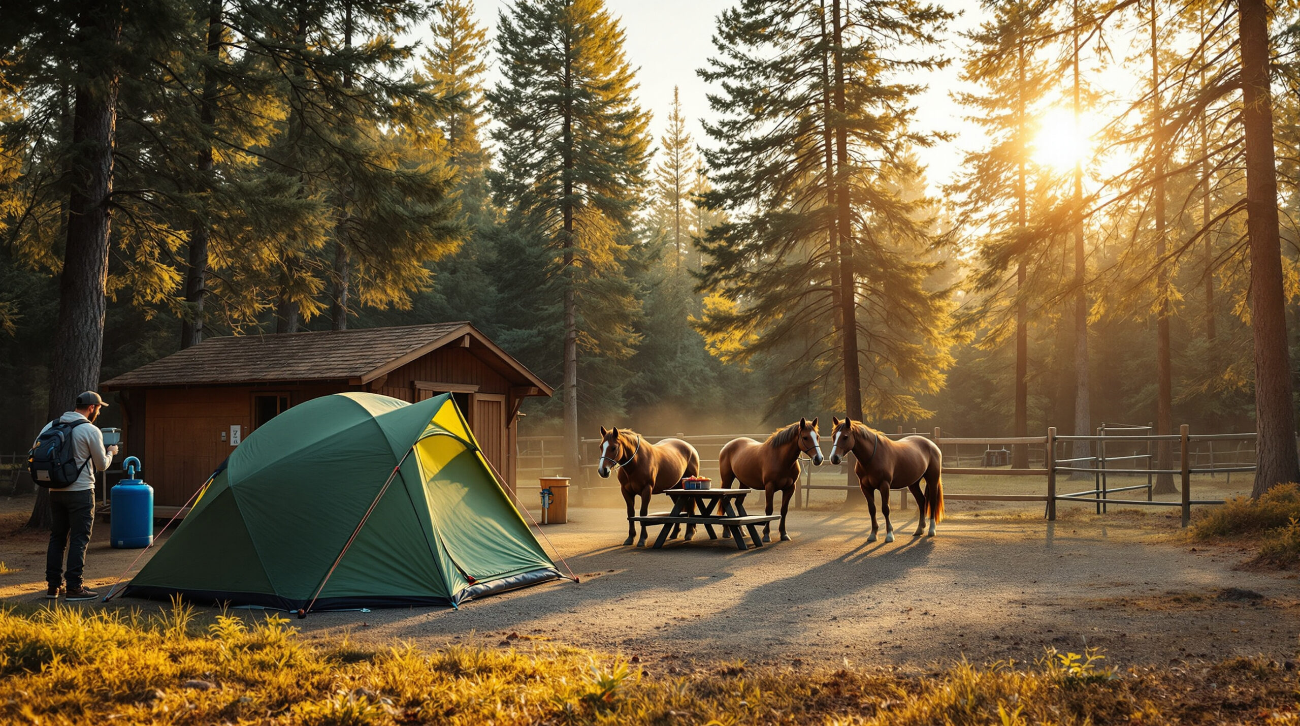 A couple sets up a tent next to a horse corral at a forest campground with two horses, picnic table, and trees in soft evening light.