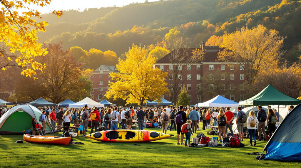 A diverse group of people gather on a grassy campus lawn surrounded by trees, outdoor gear, and tents, engaging in activities under soft golden sunlight with a generic academic building in the background.