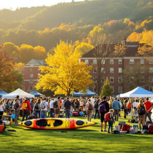 A diverse group of people gather on a grassy campus lawn surrounded by trees, outdoor gear, and tents, engaging in activities under soft golden sunlight with a generic academic building in the background.