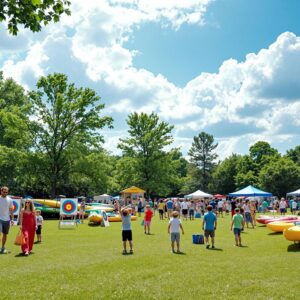 Families and children enjoying outdoor activities like archery and kayaking at a community jamboree in a grassy park with vendor tents and trees under a bright sky