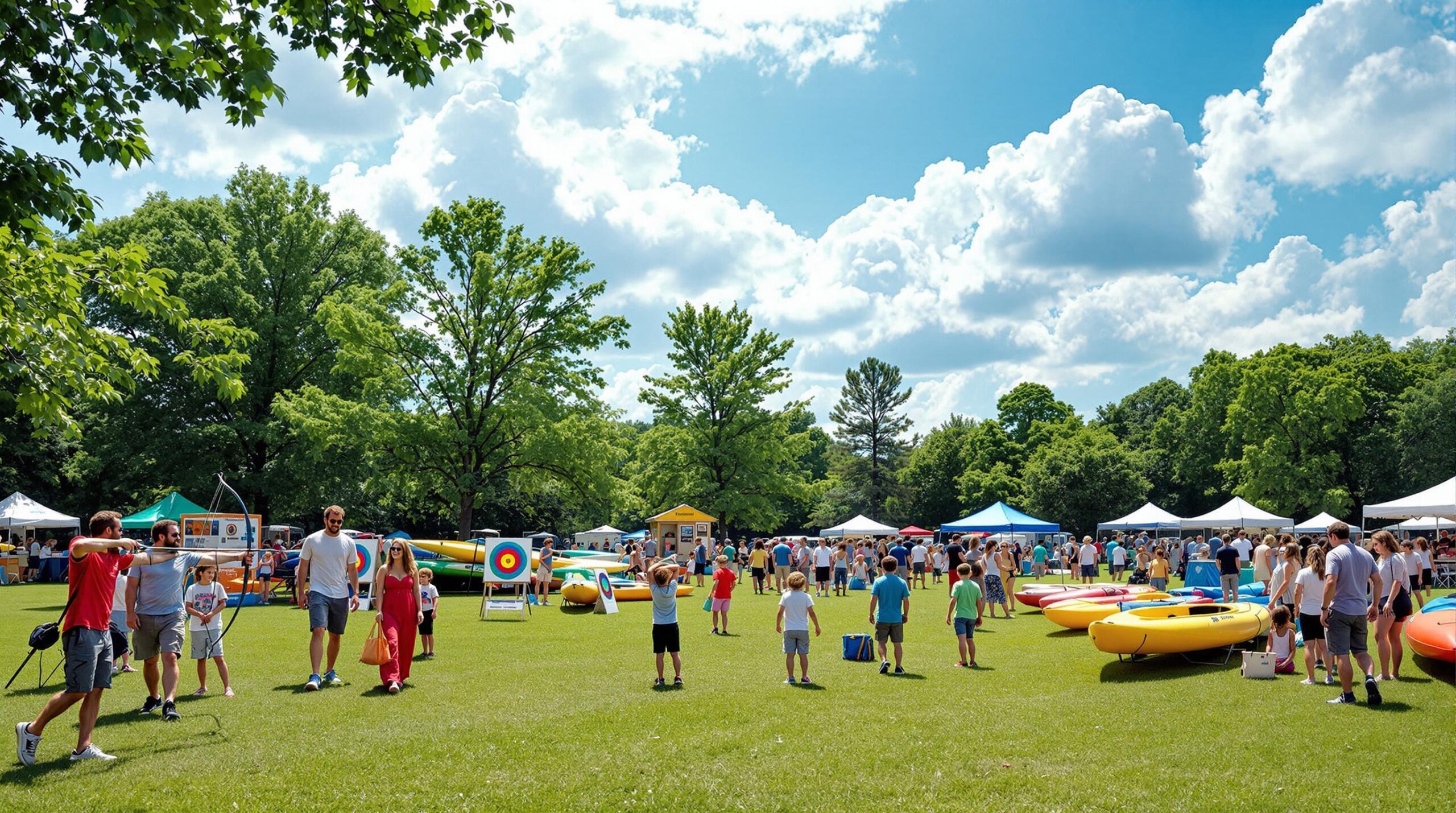 Families and children enjoying outdoor activities like archery and kayaking at a community jamboree in a grassy park with vendor tents and trees under a bright sky
