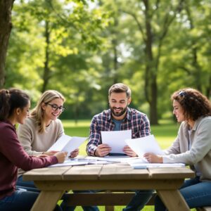 A diverse group of adults discussing papers at a picnic table in a sunny, generic park setting with trees and grass in the background.