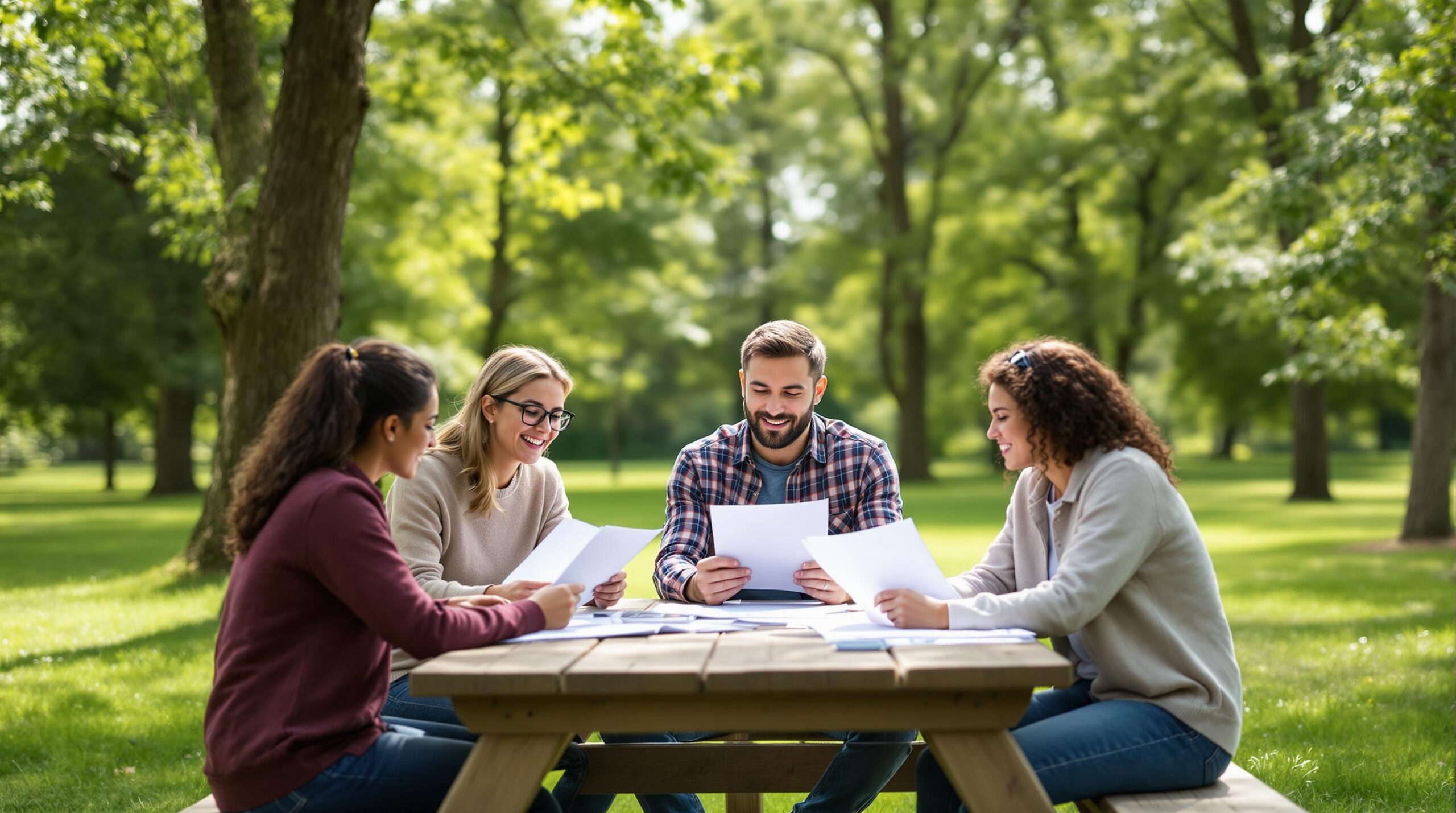 A diverse group of adults discussing papers at a picnic table in a sunny, generic park setting with trees and grass in the background.
