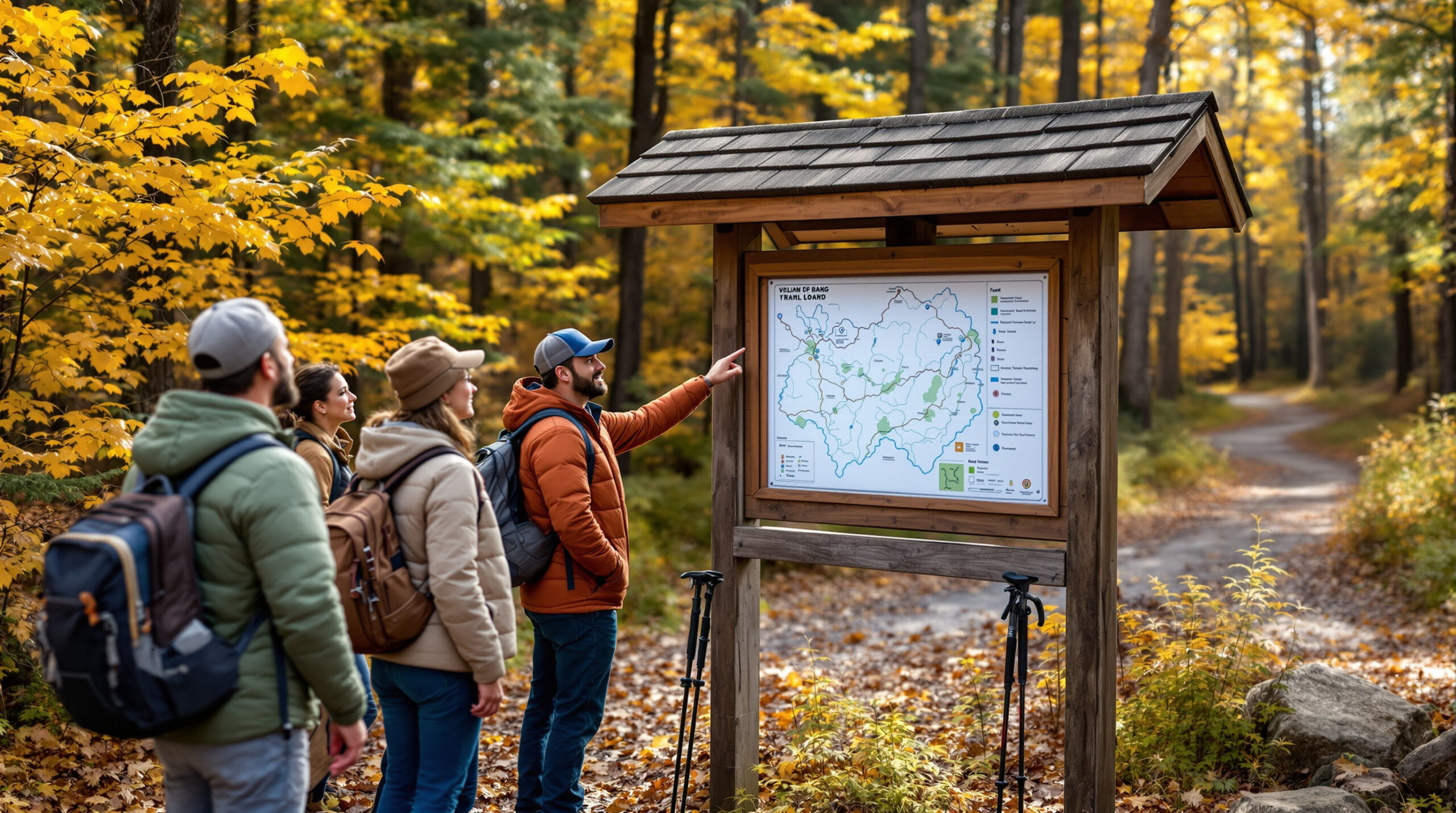 A diverse group of adults reviews a blank trailhead map at a wooden kiosk in a sunlit autumn forest, discussing outdoor recreation plans with backpacks and hiking poles nearby.