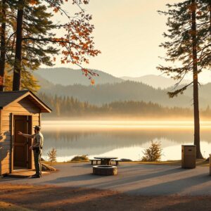 Park ranger opens bathhouse at empty lakeside campground at dawn with mist over the water and autumn trees in the background
