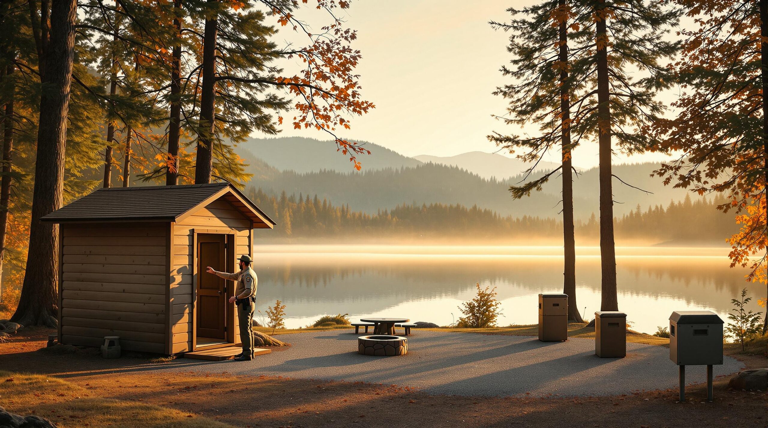 Park ranger opens bathhouse at empty lakeside campground at dawn with mist over the water and autumn trees in the background