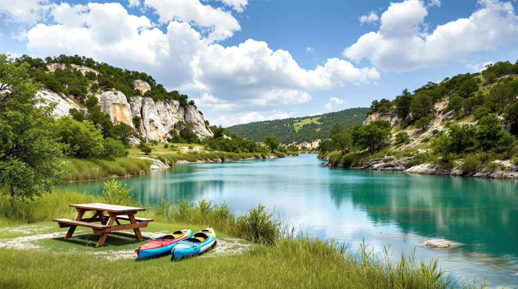 Scenic Texas Hill Country river with limestone bluffs, grassy bank, two kayaks, and picnic table under sunny sky
