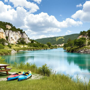Scenic Texas Hill Country river with limestone bluffs, grassy bank, two kayaks, and picnic table under sunny sky
