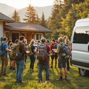 A group of hikers with backpacks receive food from volunteers on a grassy lawn near a small community building, with a white shuttle van parked nearby and soft mountain scenery blurred in the background.