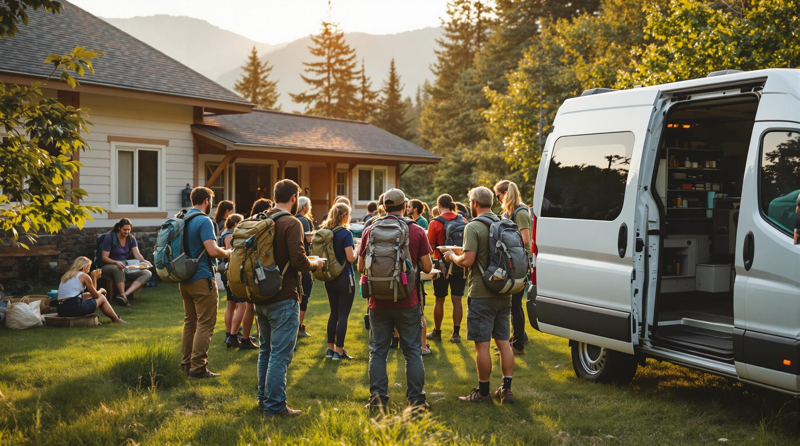 A group of hikers with backpacks receive food from volunteers on a grassy lawn near a small community building, with a white shuttle van parked nearby and soft mountain scenery blurred in the background.