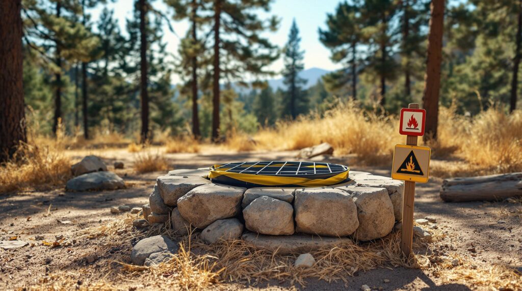 Empty forest campsite with fire ring covered by metal grate and yellow caution tape, no campfire allowed, surrounded by dry pine needles and grasses under bright daylight